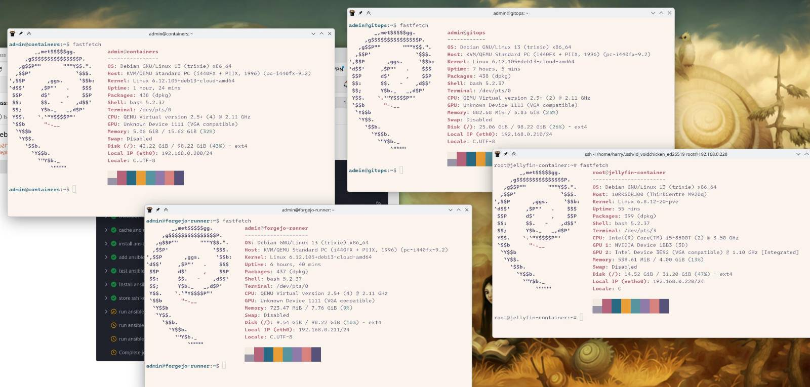 screenshot of liunx desktop, there are 4 terminal windows open each showing the output of fastfetch showing each computer is running debian 13